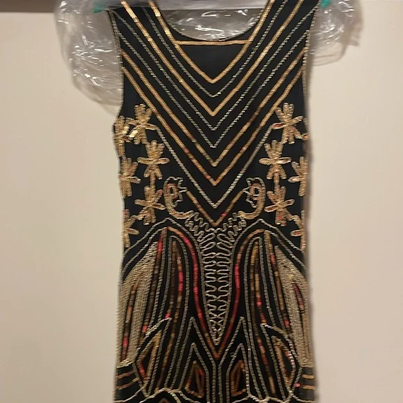 Elegant Black and Gold Embellished Dress 20s Flapper style Medium Great Gatsby - Picture 8 of 17